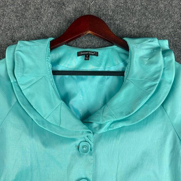 Samuel Dong Top Womens Medium Blue Button Up Peter Pan Collar 3/4 Sleeve Pockets - Picture 4 of 6